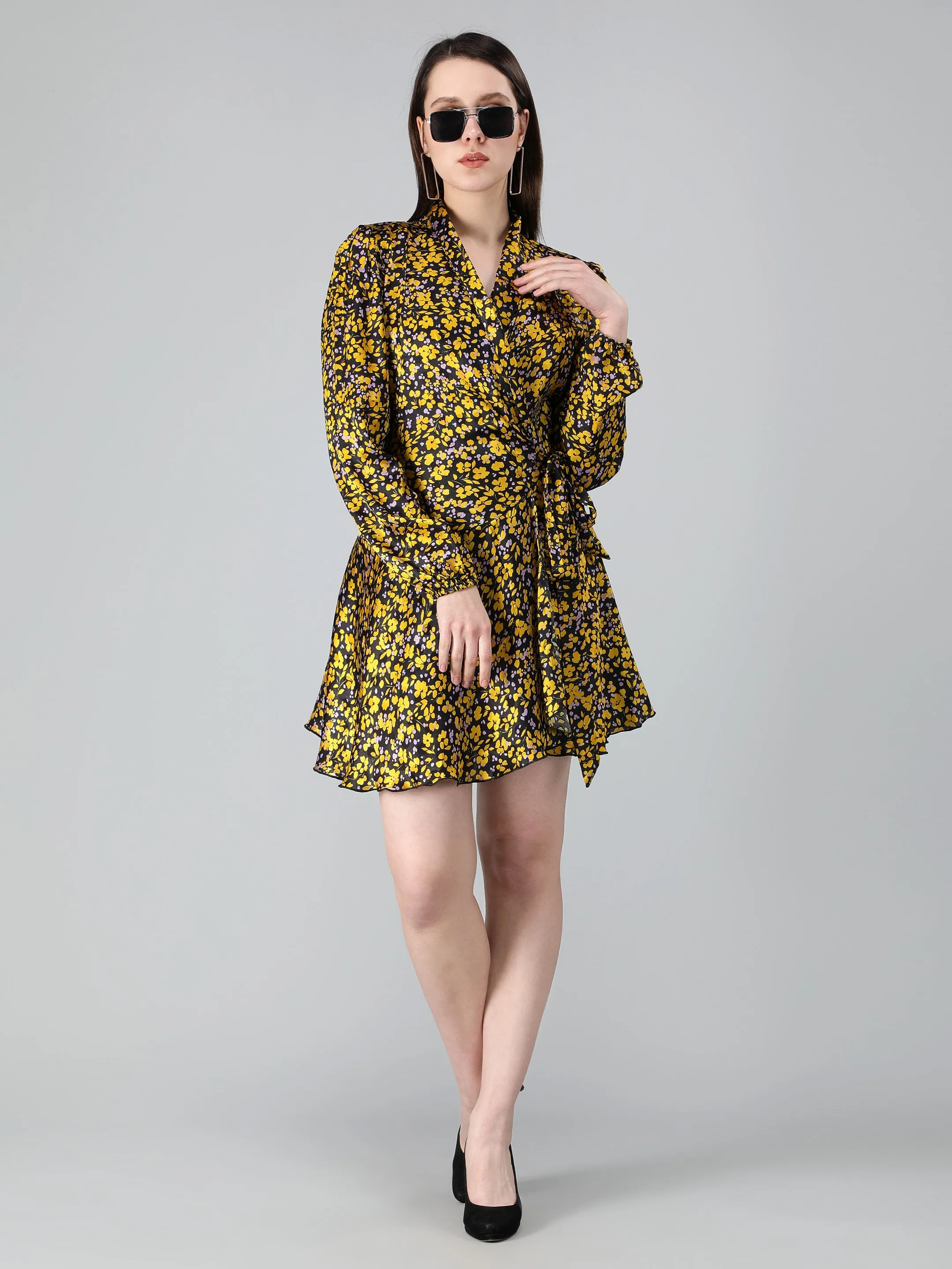 Black and Yellow Floral Printed Wrap Dress