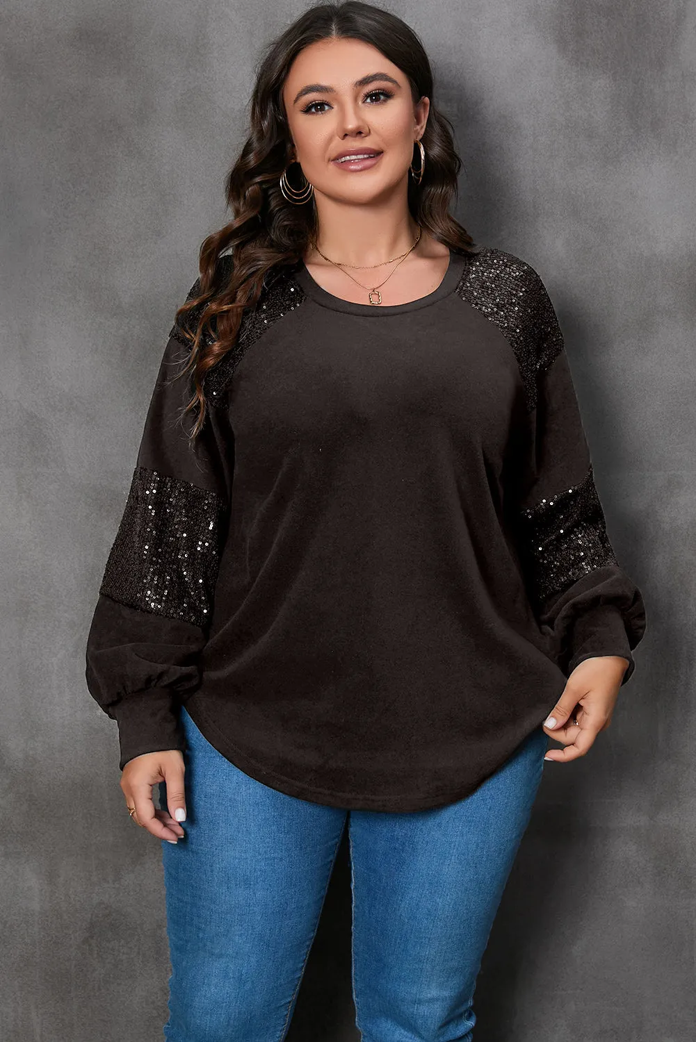 Black Carnival Mask Print Sequin Patchwork Plus Size T Shirt