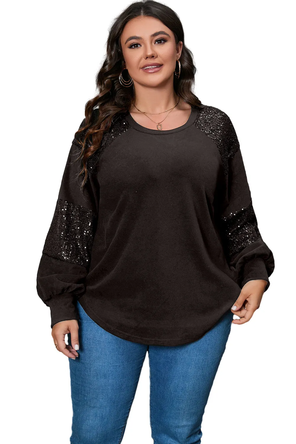 Black Carnival Mask Print Sequin Patchwork Plus Size T Shirt