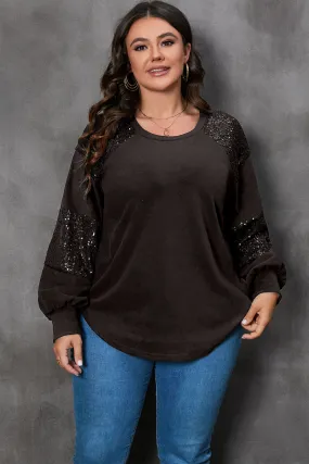 Black Carnival Mask Print Sequin Patchwork Plus Size T Shirt