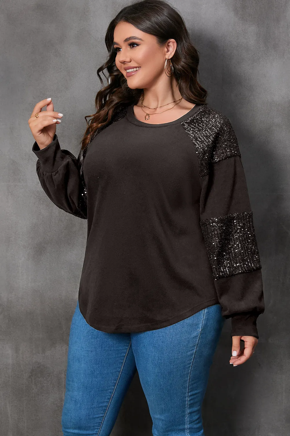Black Carnival Mask Print Sequin Patchwork Plus Size T Shirt
