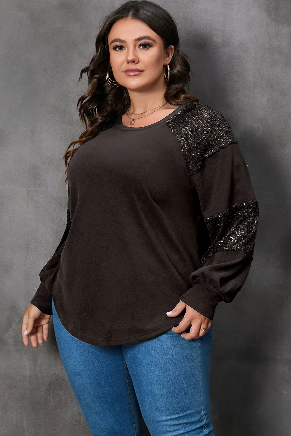 Black Carnival Mask Print Sequin Patchwork Plus Size T Shirt
