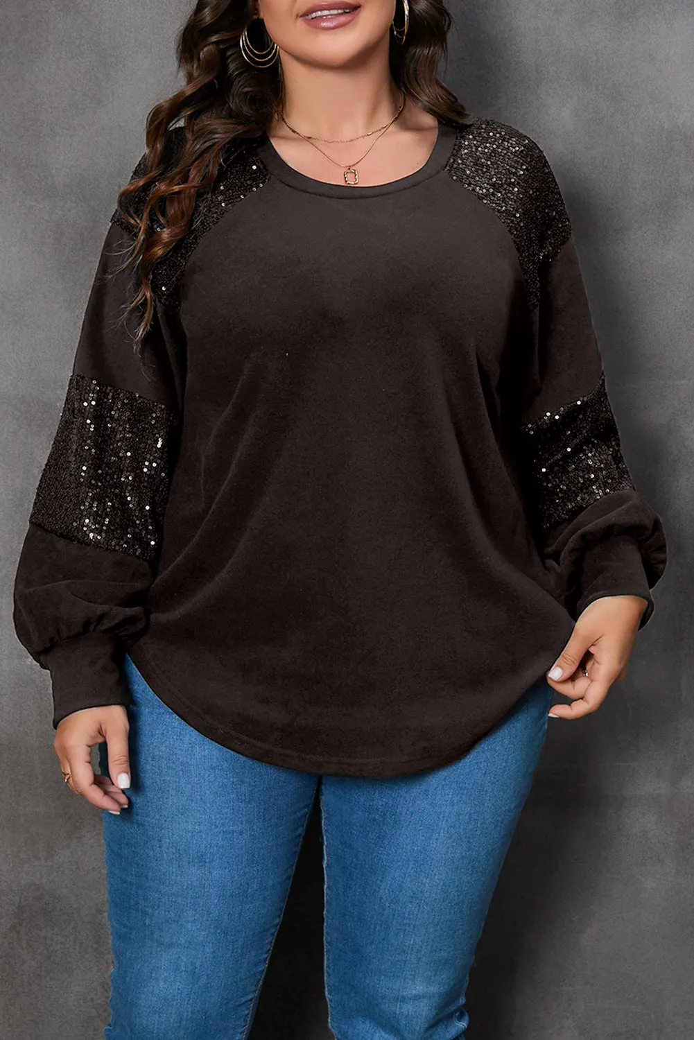 Black Carnival Mask Print Sequin Patchwork Plus Size T Shirt