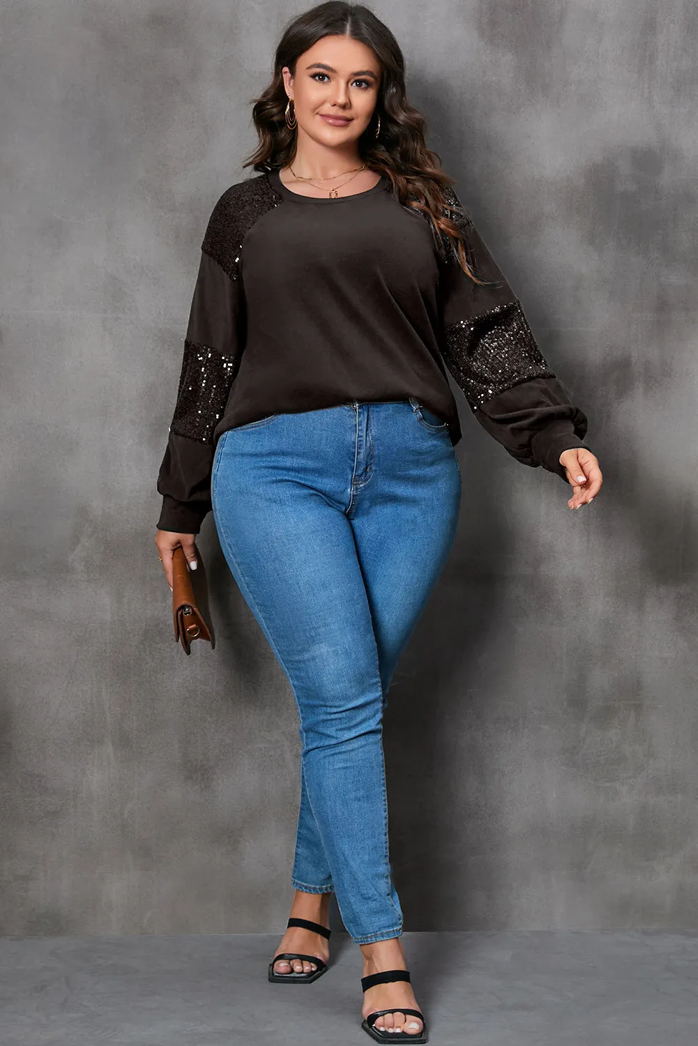 Black Carnival Mask Print Sequin Patchwork Plus Size T Shirt