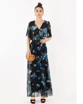Black floral Print Chiffon Wrap Maxi Dress