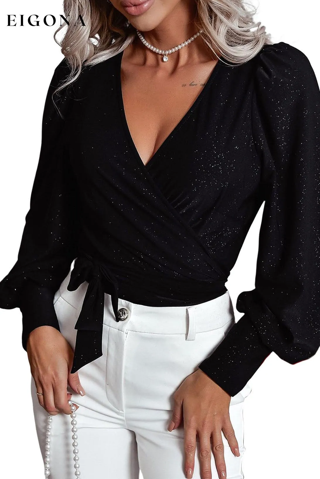 Black Glitter Wrap V Neck Tie Hem Puff Sleeve Blouse