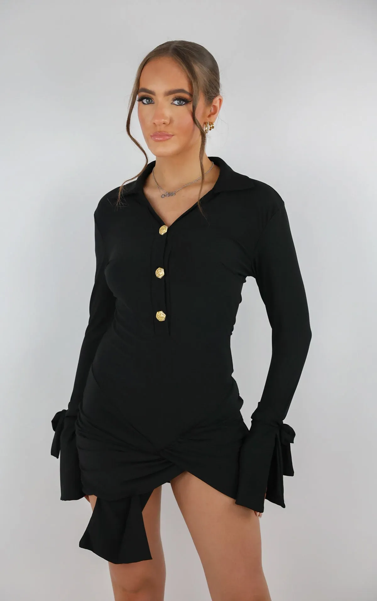 Black Gold Rose Button Wrap Dress