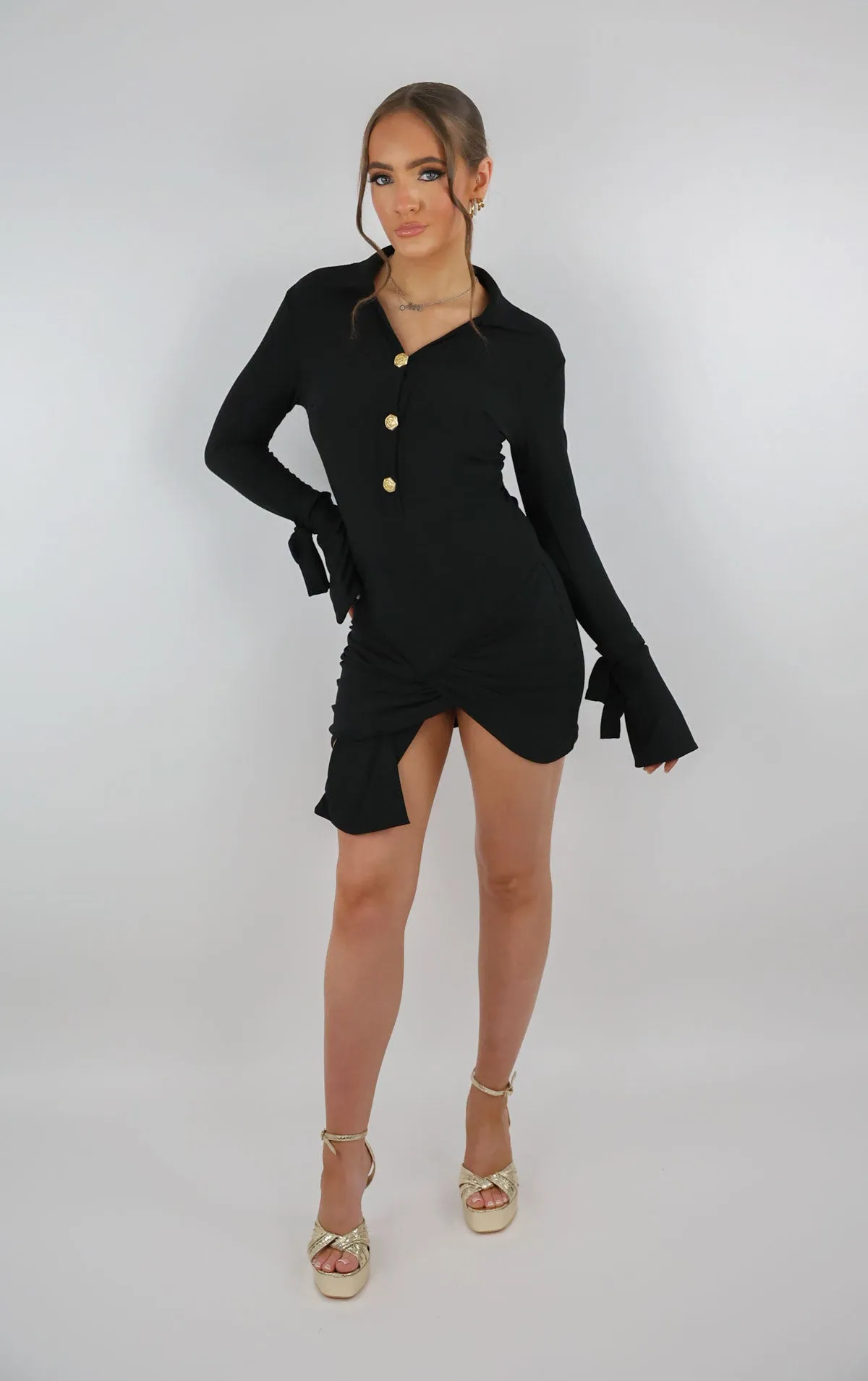 Black Gold Rose Button Wrap Dress