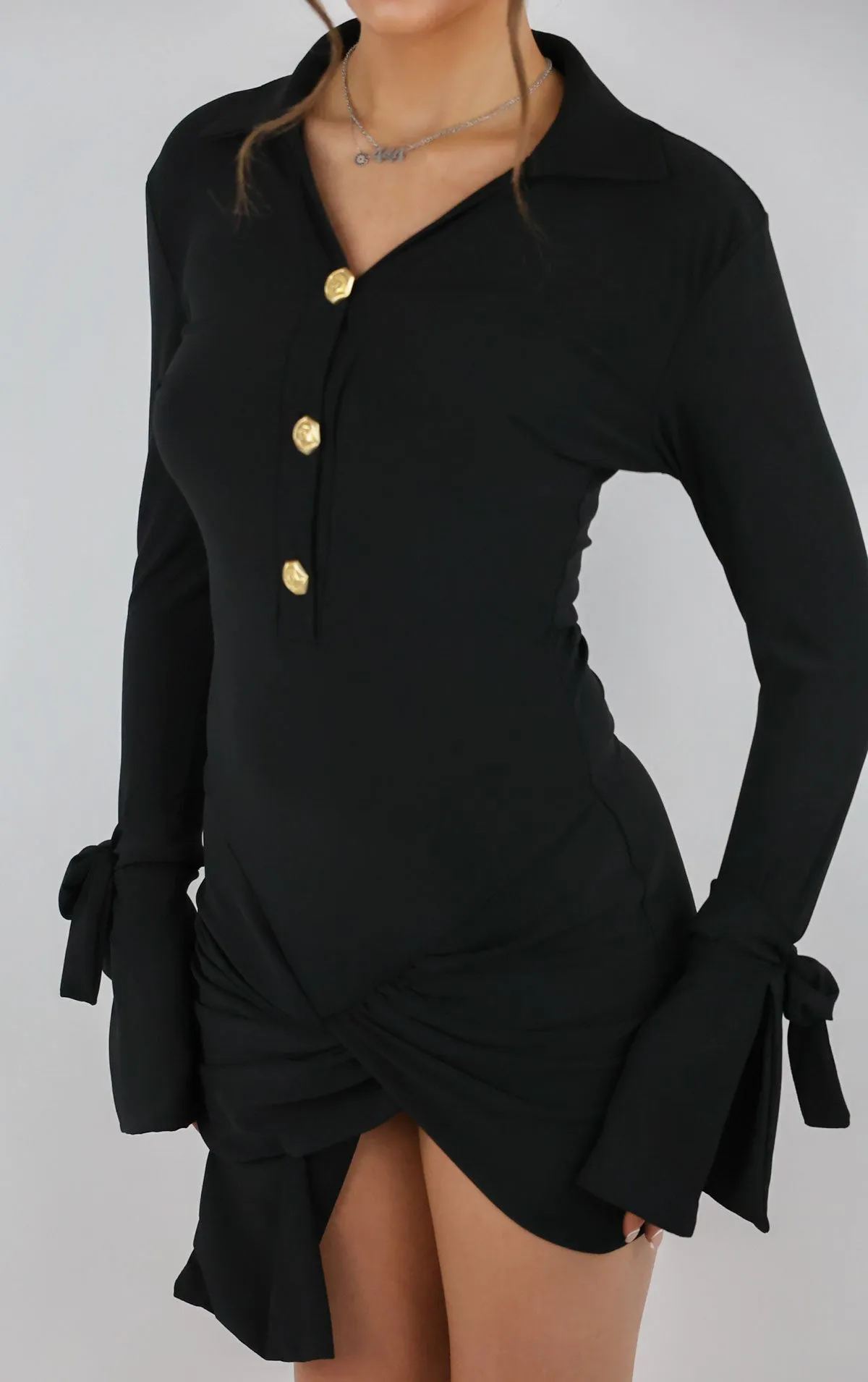 Black Gold Rose Button Wrap Dress