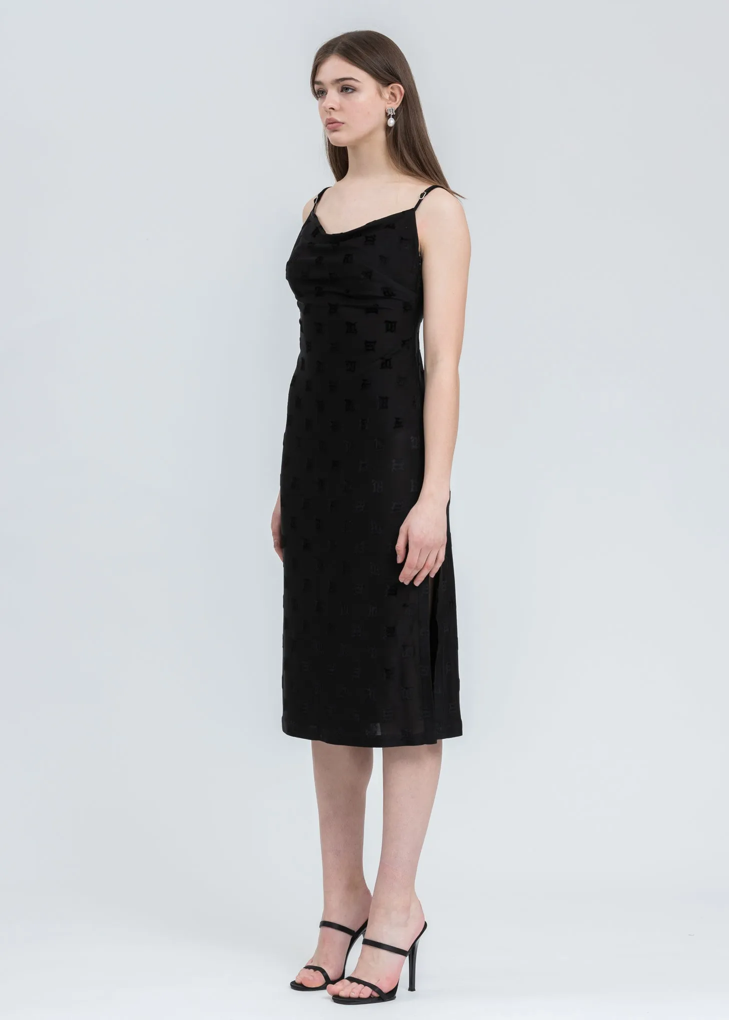 Black Velour Monogram Slip Dress