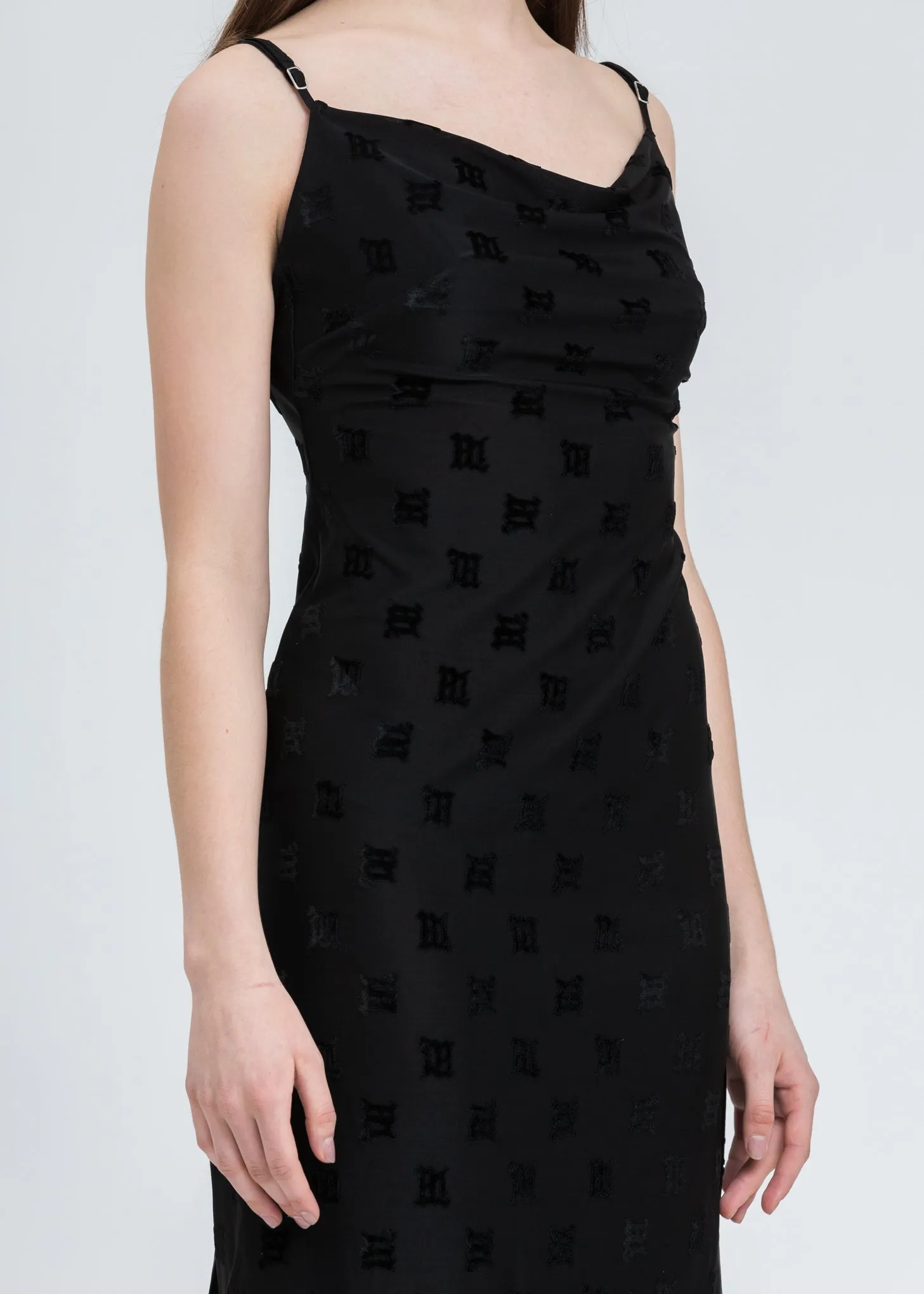 Black Velour Monogram Slip Dress