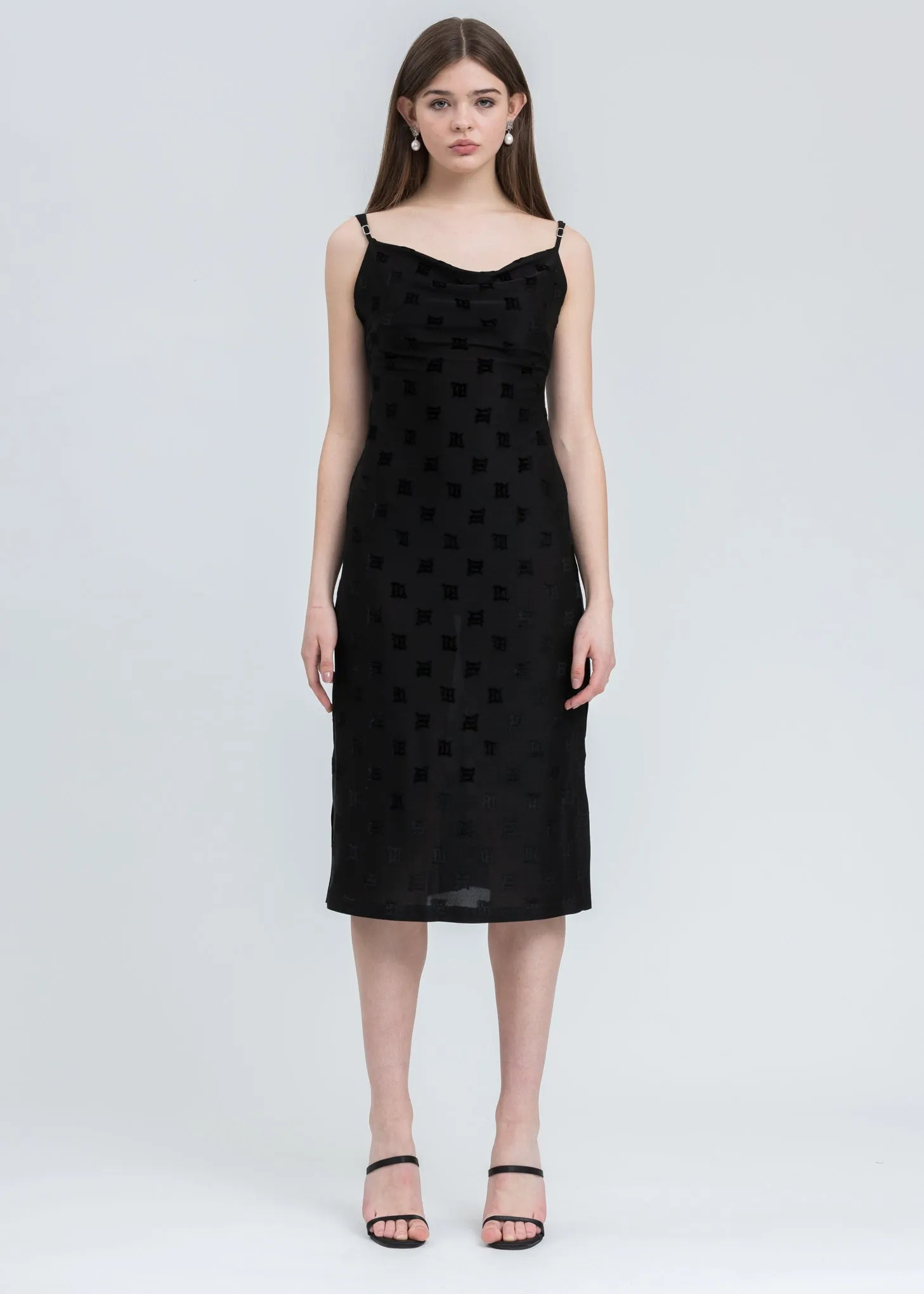 Black Velour Monogram Slip Dress