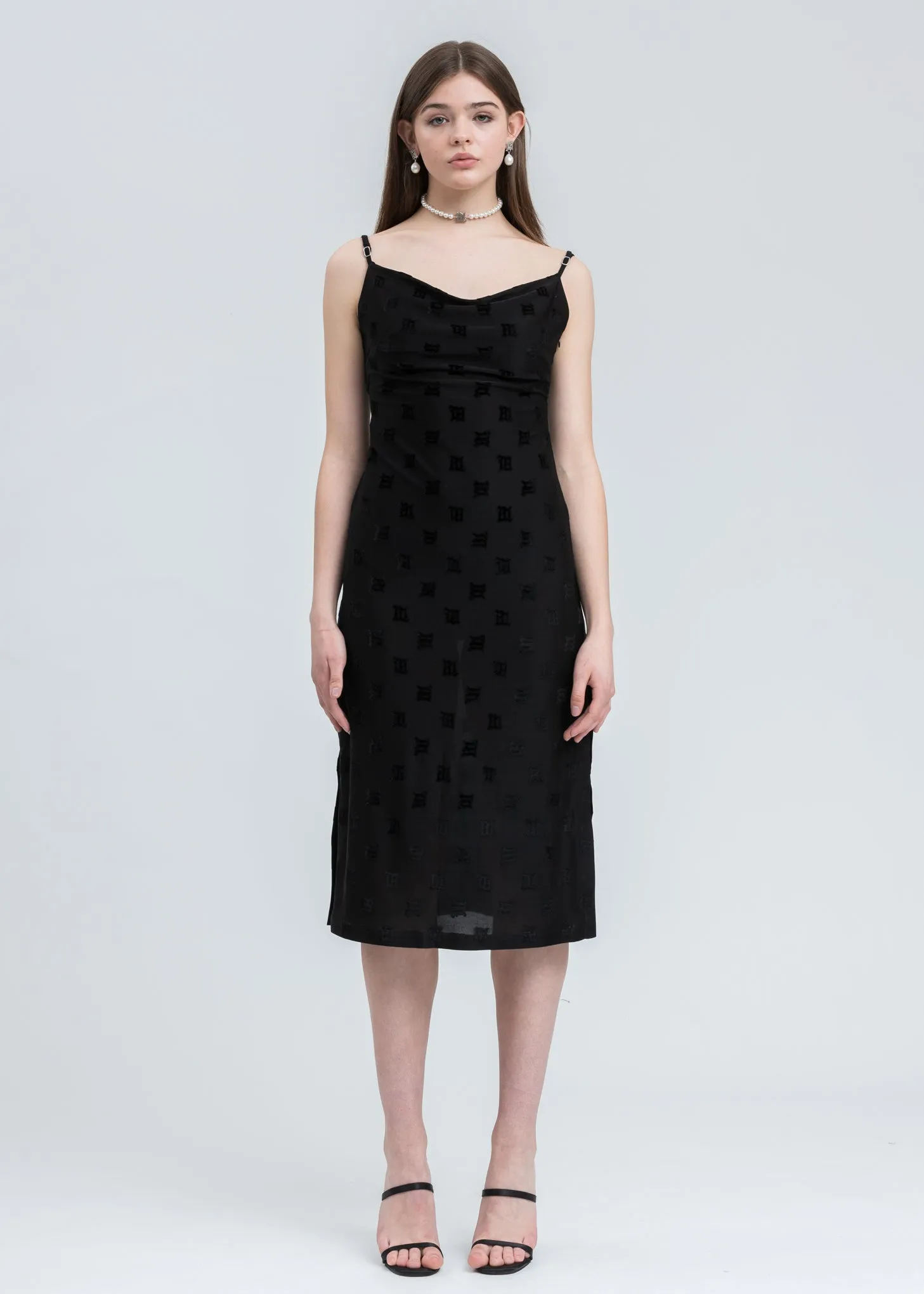 Black Velour Monogram Slip Dress