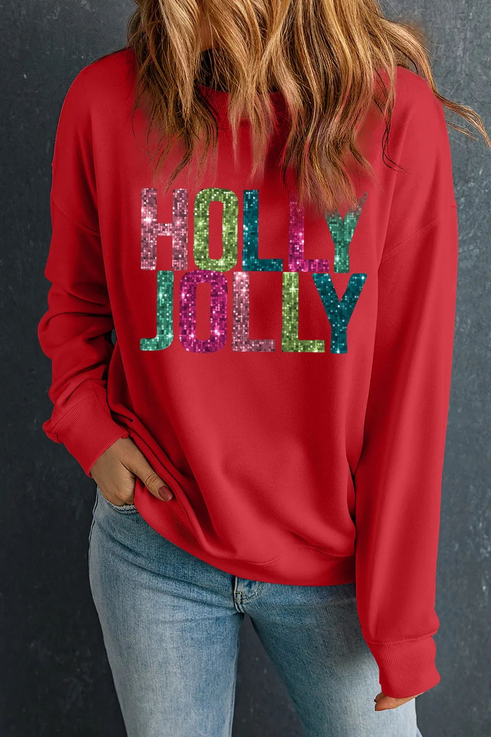 Blue Zone Planet |  Red Heat Transfer HOLLY JOLLY Printing Christmas Pullover Sweatshirt