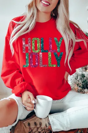 Blue Zone Planet |  Red Heat Transfer HOLLY JOLLY Printing Christmas Pullover Sweatshirt