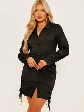 Bobbi Side Ruched Buttoned Shirt Dress In Black