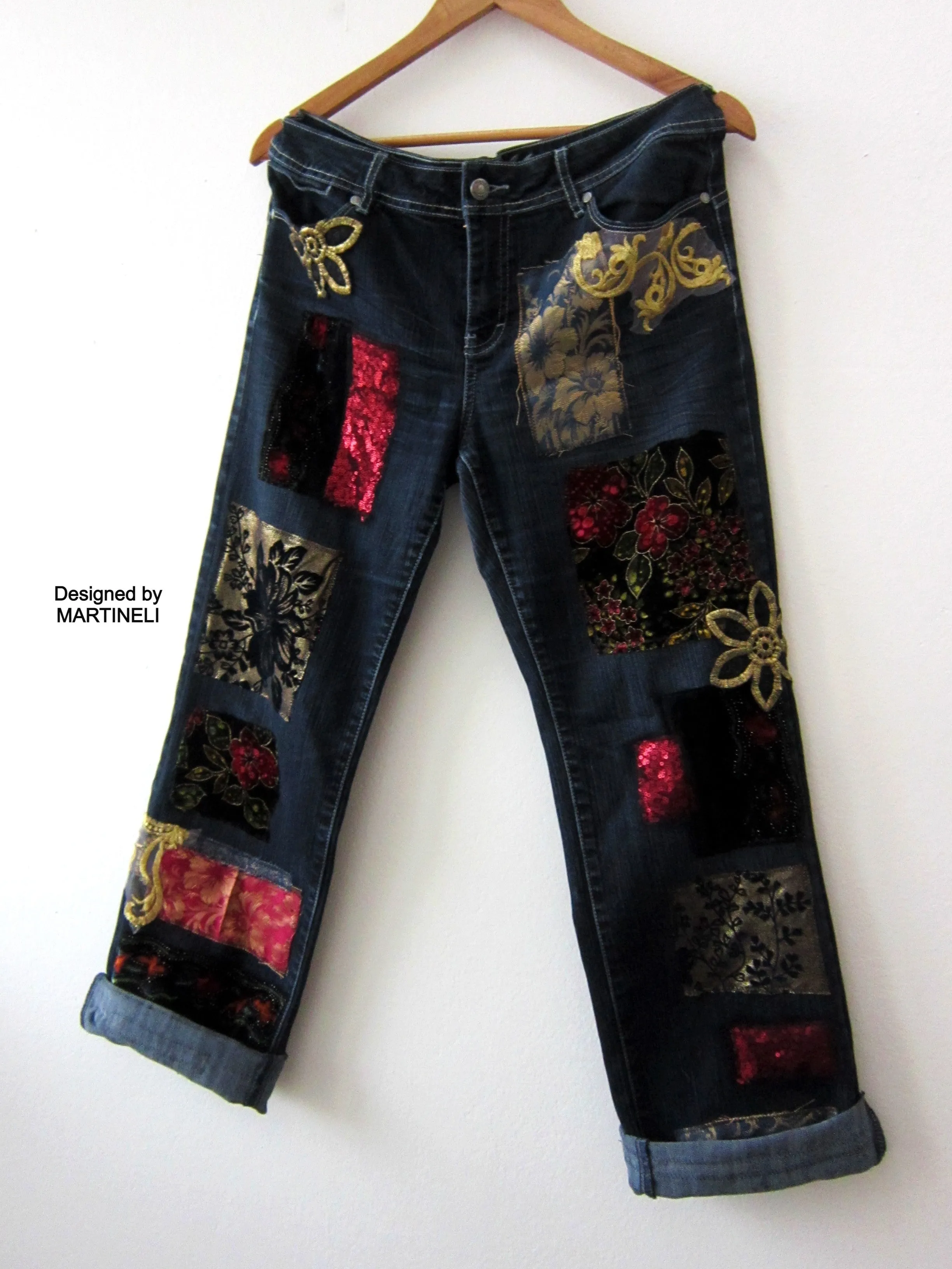 Boho Floral Jeans for Women,M Embroidered Jeans