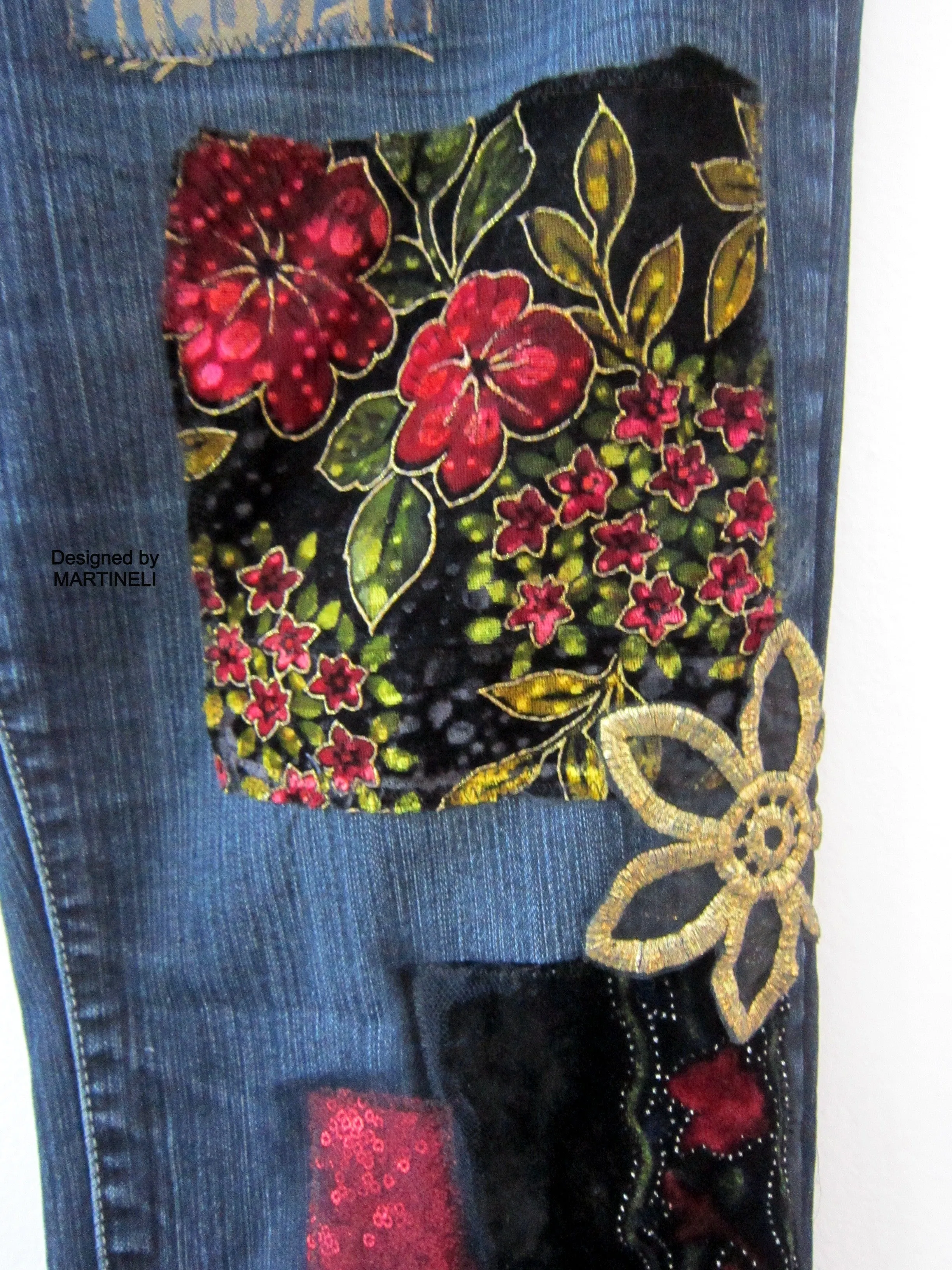 Boho Floral Jeans for Women,M Embroidered Jeans