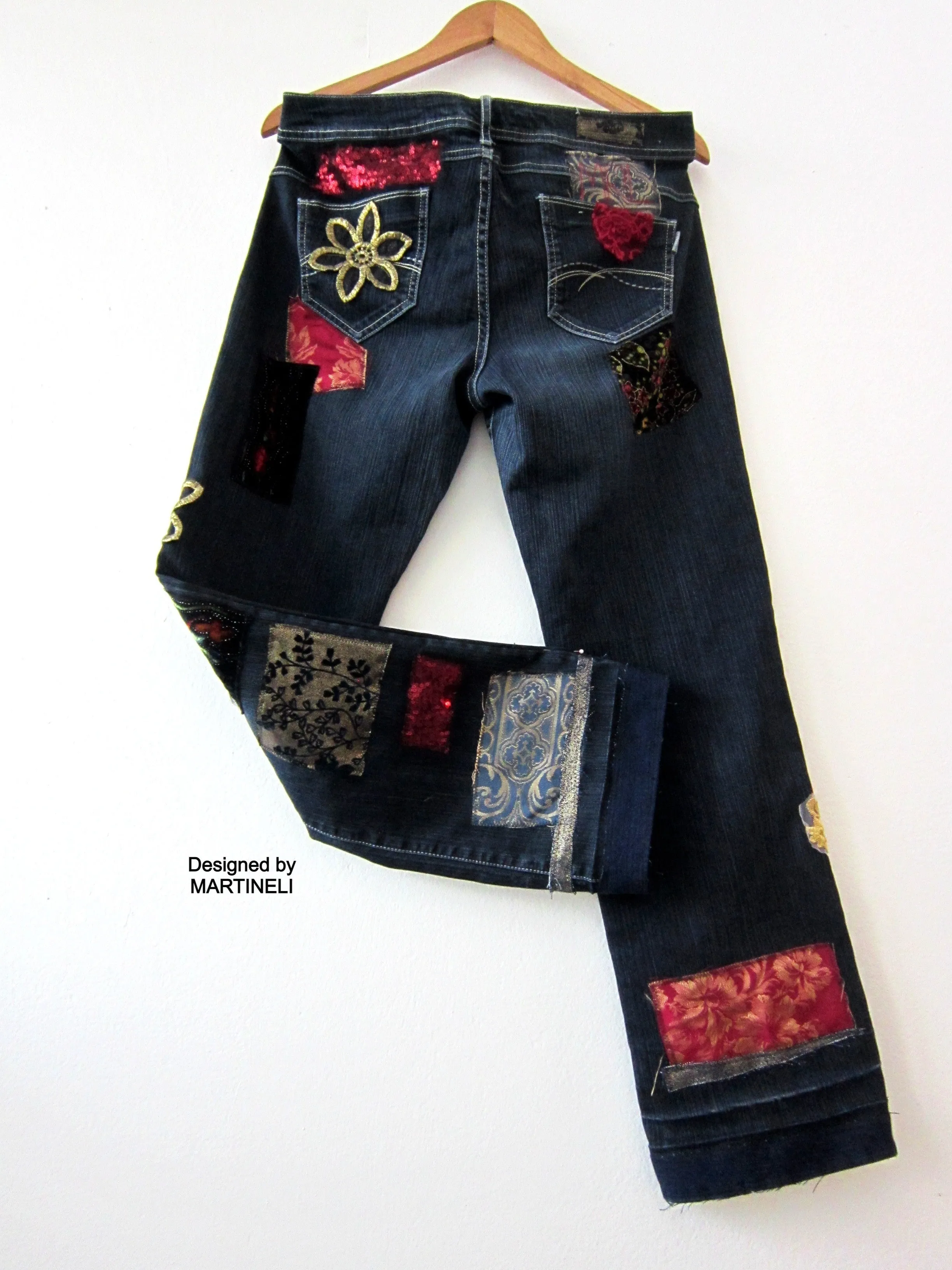 Boho Floral Jeans for Women,M Embroidered Jeans