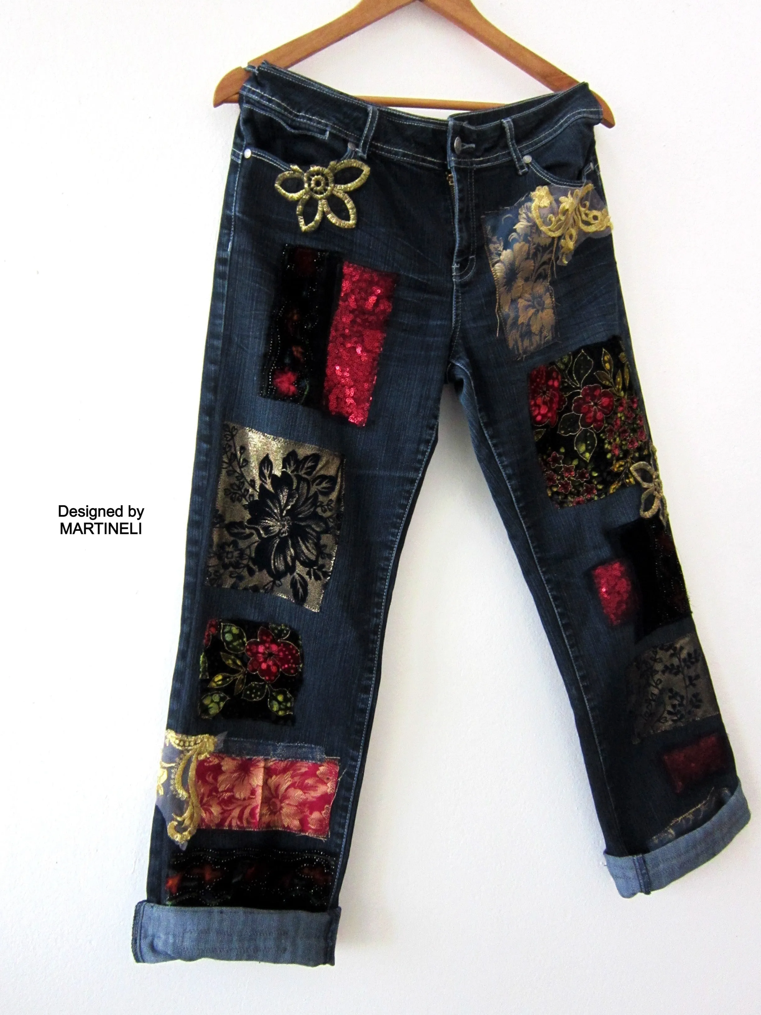 Boho Floral Jeans for Women,M Embroidered Jeans