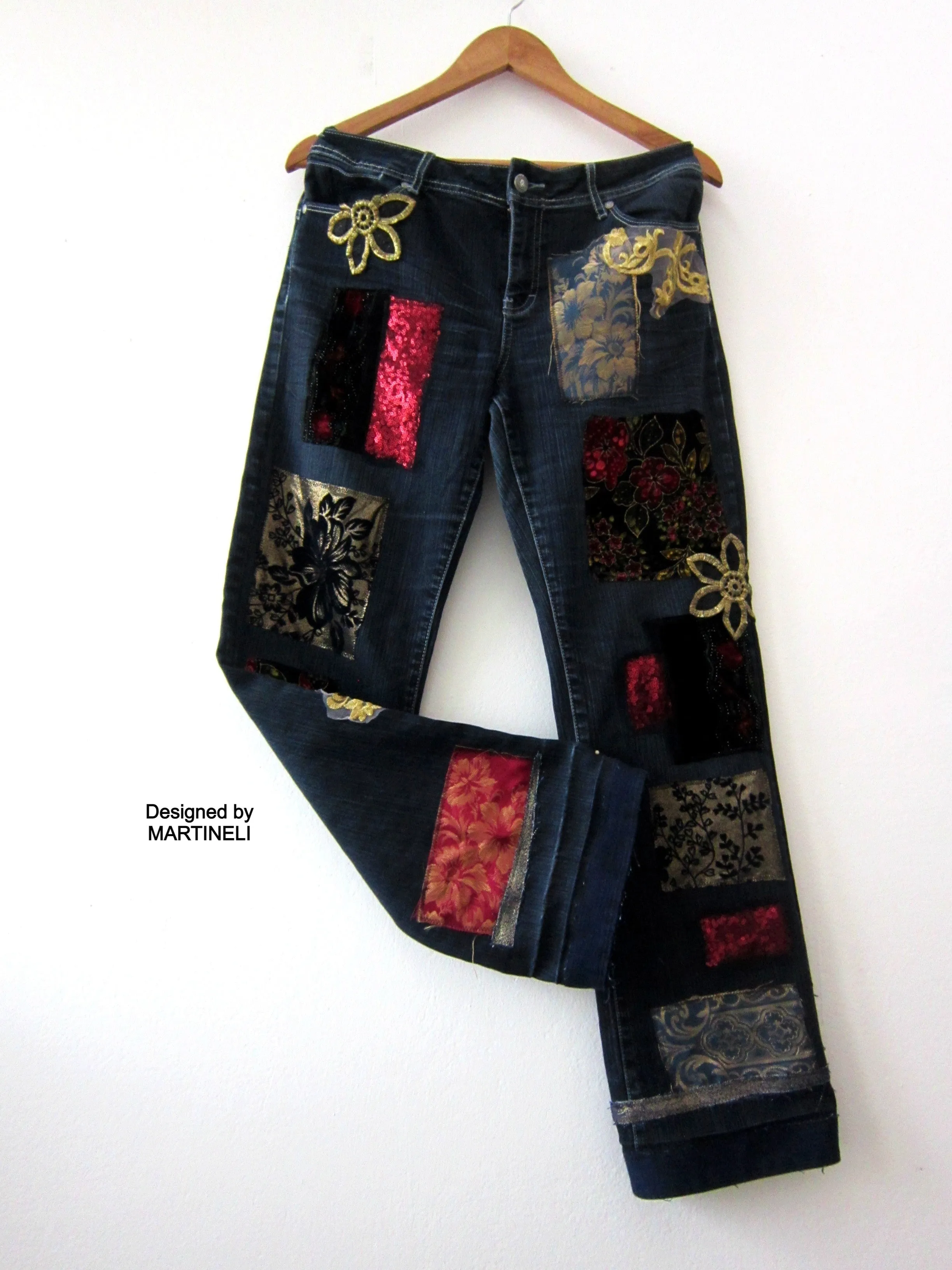 Boho Floral Jeans for Women,M Embroidered Jeans
