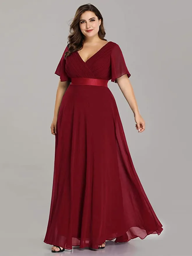 Burgundy Women's Plus Size Double V-Neck Evening Party Maxi Dress - Ever-Pretty