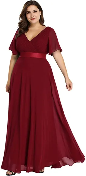 Burgundy Women's Plus Size Double V-Neck Evening Party Maxi Dress - Ever-Pretty