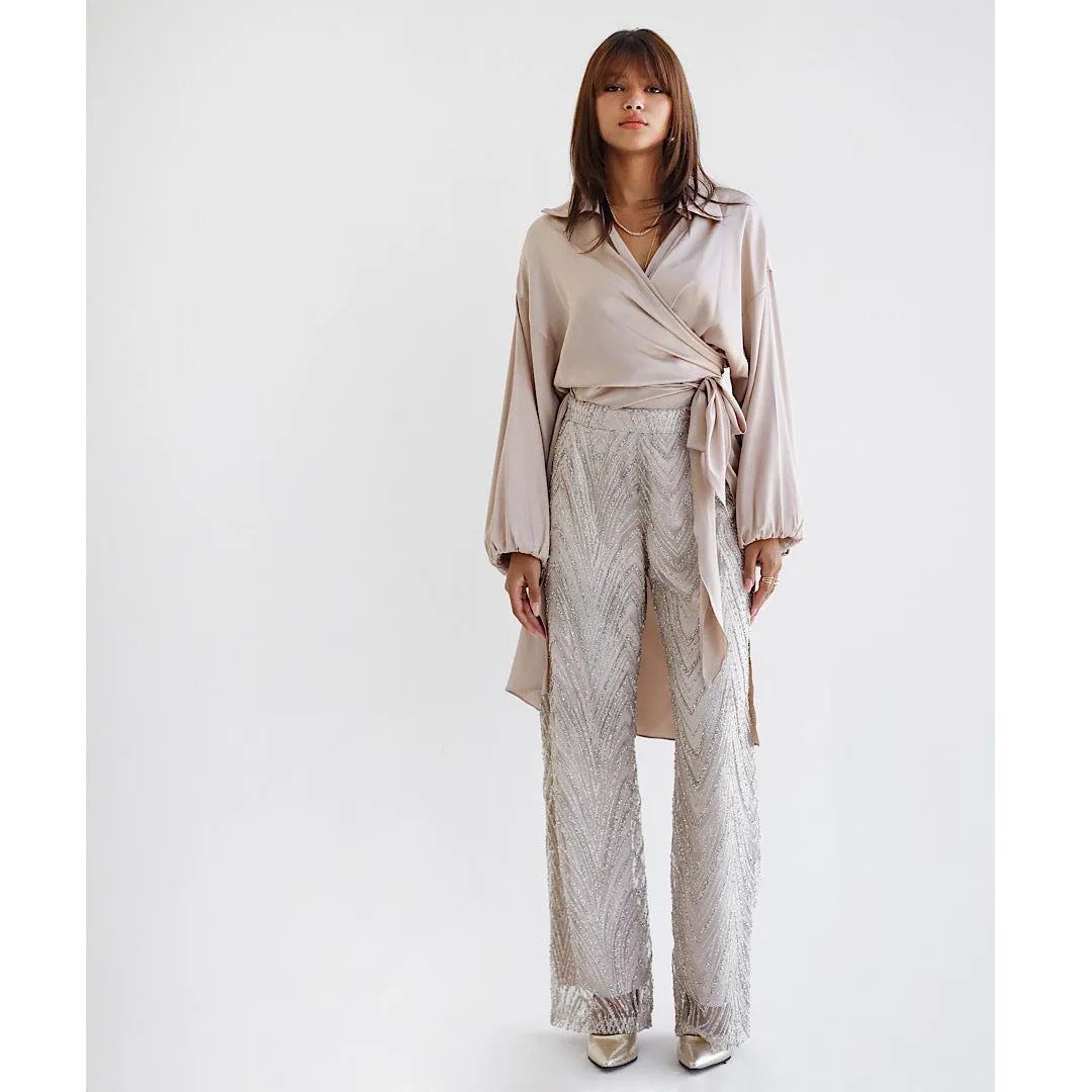 Champagne embellished tulle pants