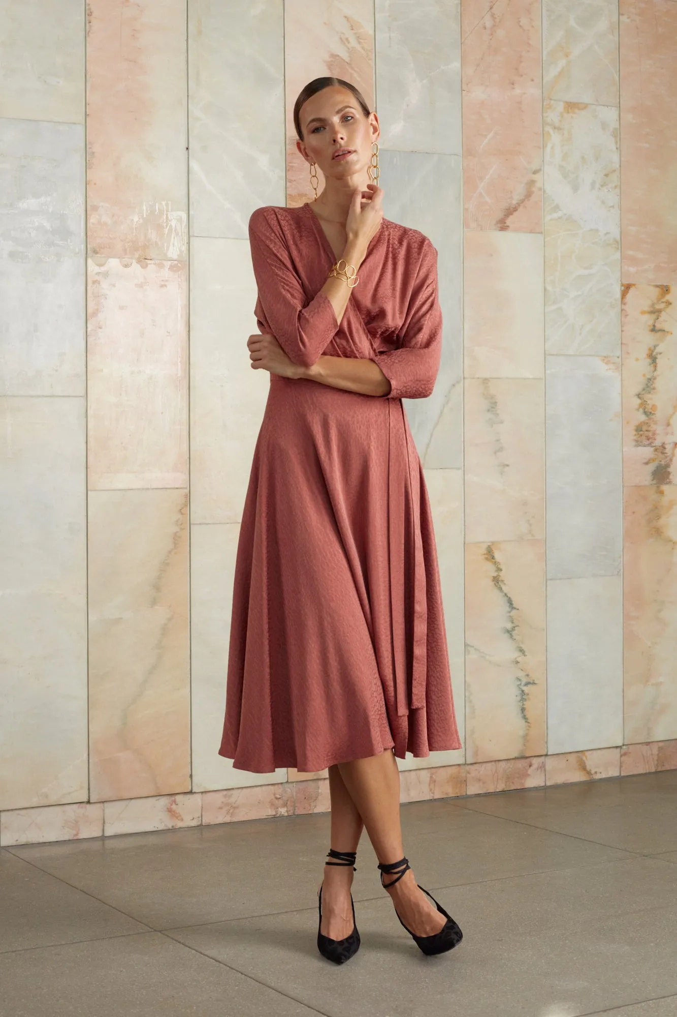 CLEO terracotta midi wrap dress