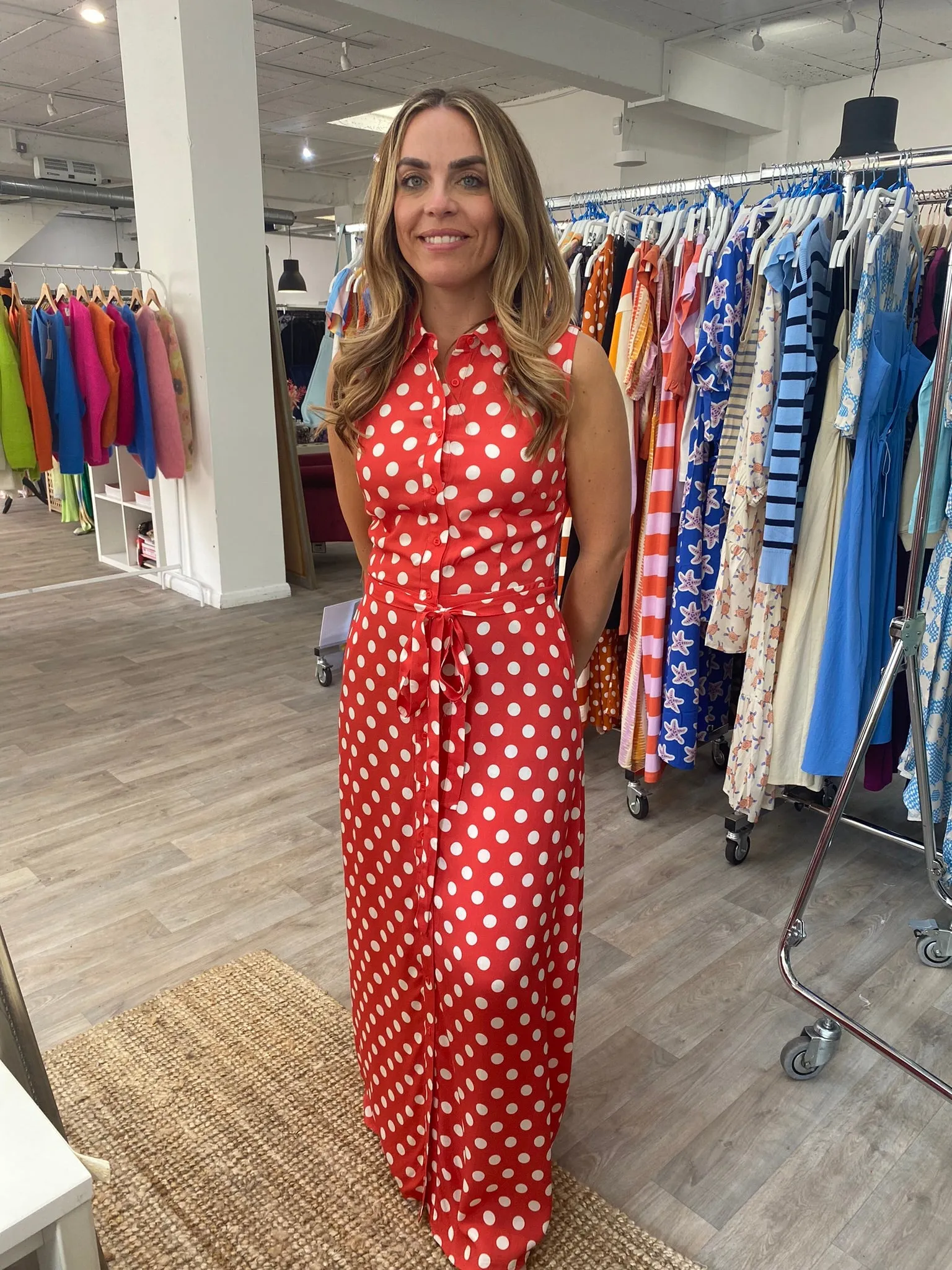 Compania Fantastica Red Polka Dot Print Sleeveless Midi Shirt Dress