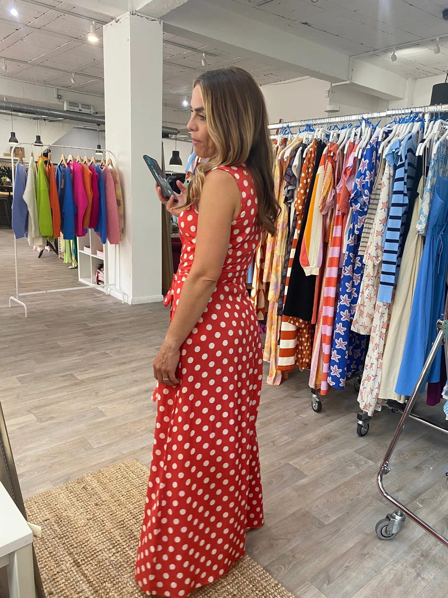 Compania Fantastica Red Polka Dot Print Sleeveless Midi Shirt Dress