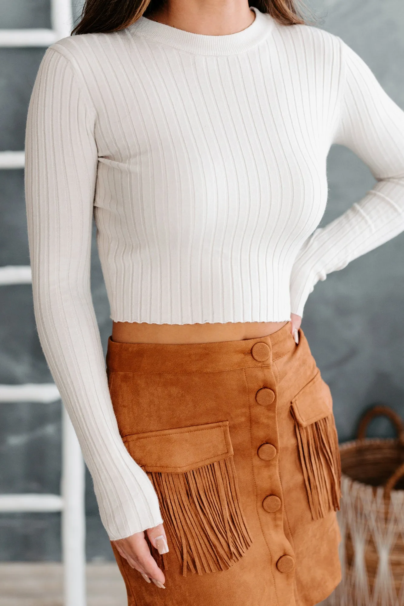Controlled Emotions Ribbed Long Sleeve Crop Top (Cream)