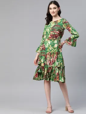 Cottinfab Abstract Printed Bell Sleeves Tiered Crepe Dress With Tie-Ups Detail