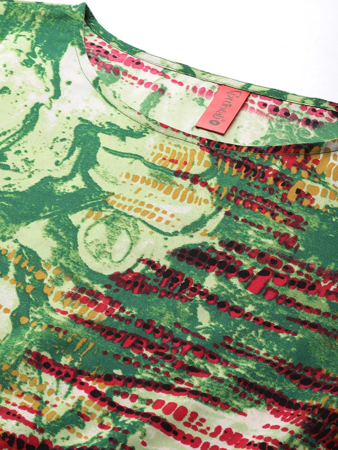 Cottinfab Abstract Printed Bell Sleeves Tiered Crepe Dress With Tie-Ups Detail