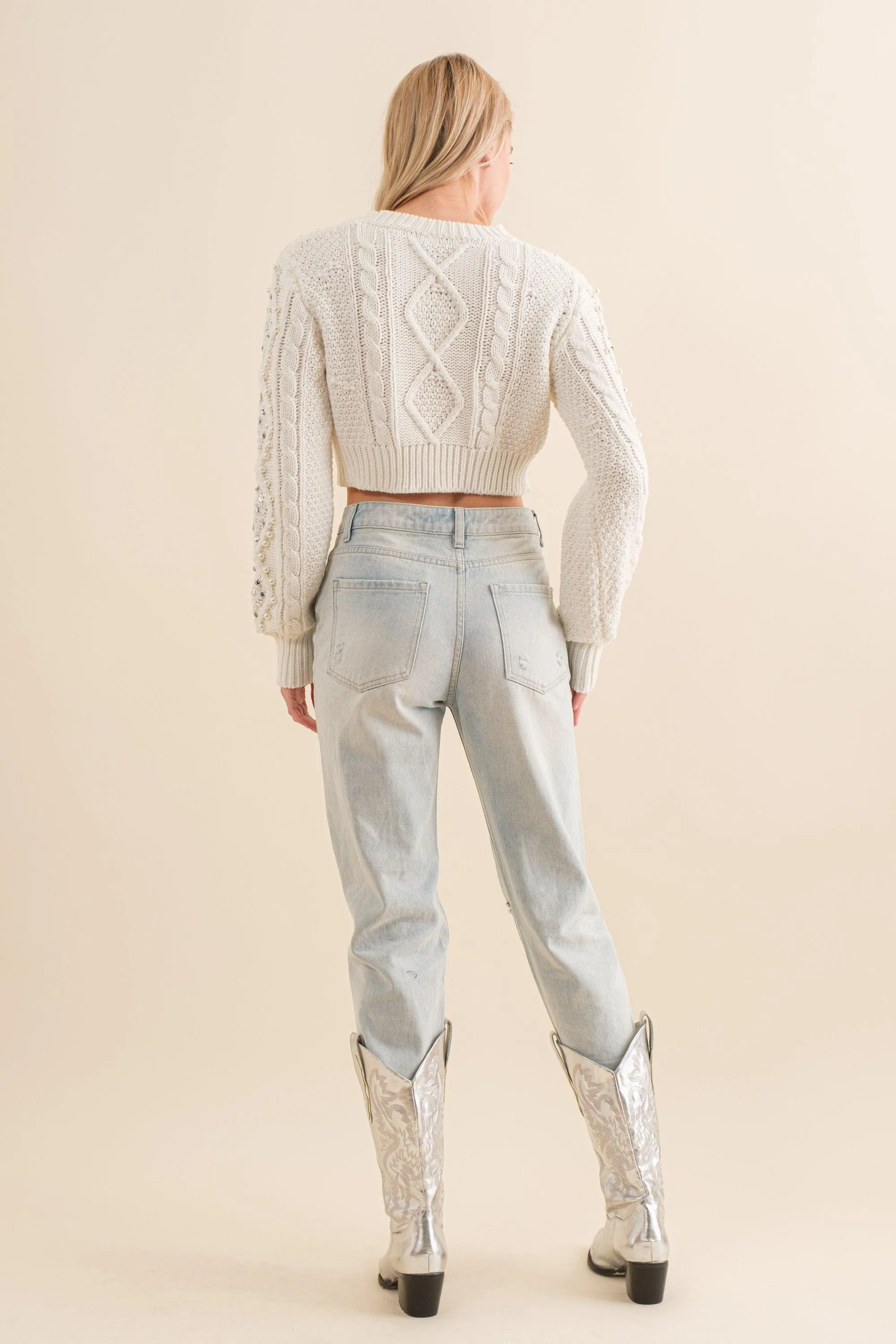 crop cable knit pearl embellished sweater