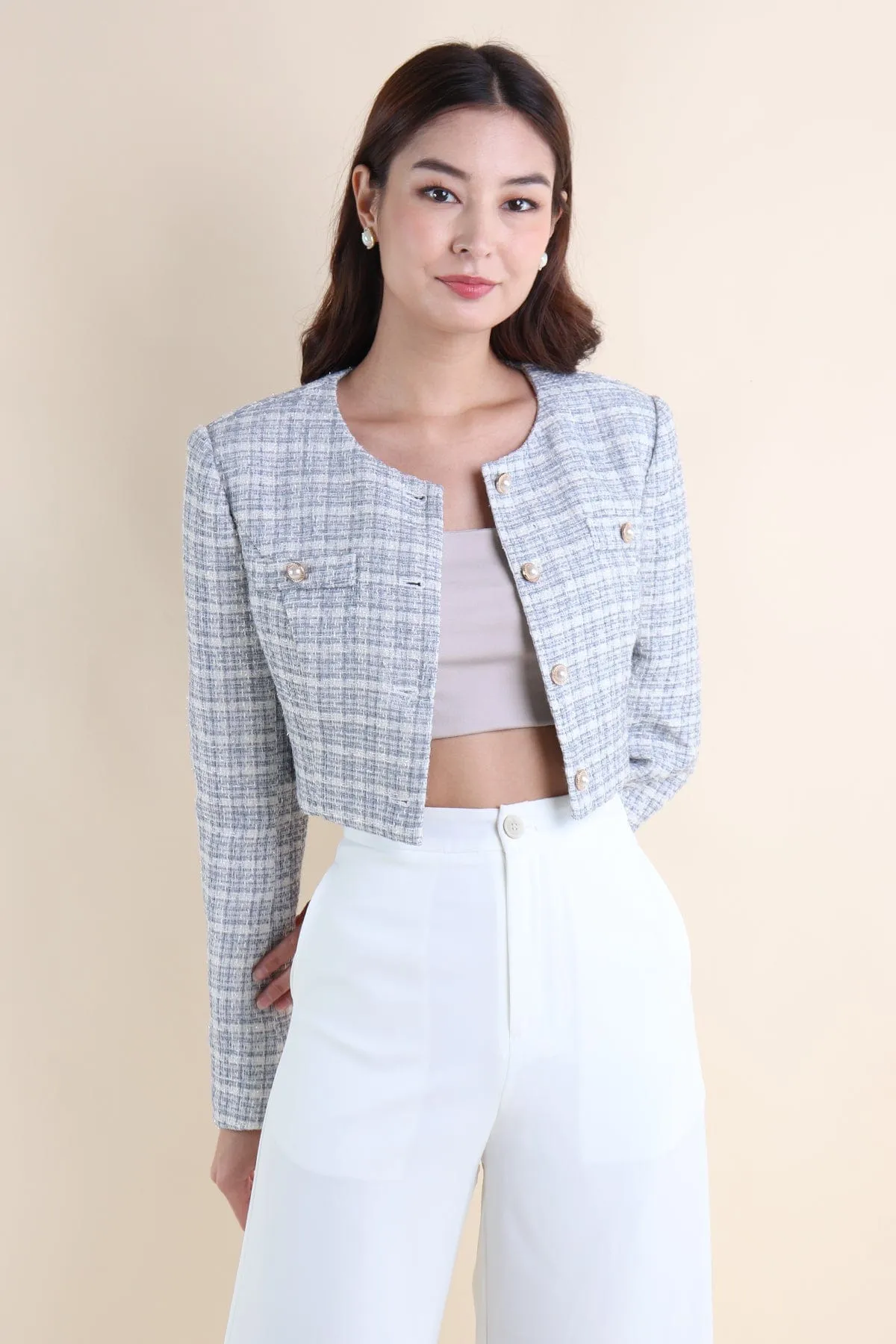 DELPHI TWEED JACKET IN GREY BLUE