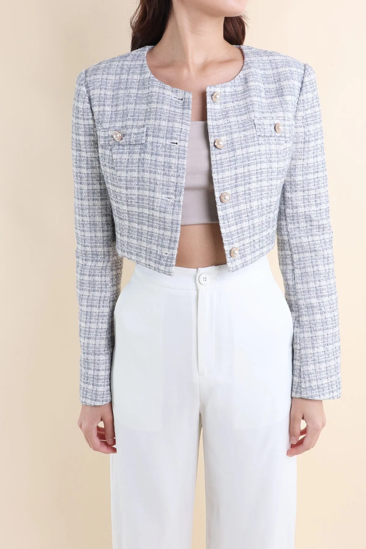 DELPHI TWEED JACKET IN GREY BLUE