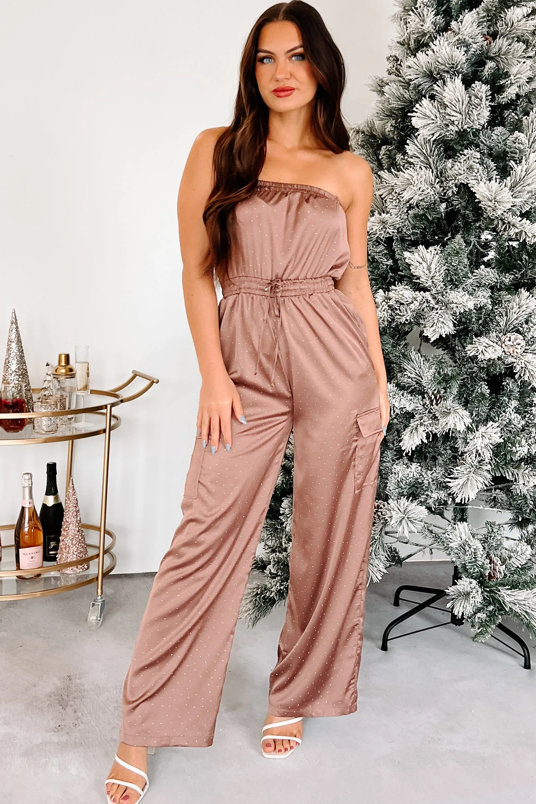 DOORBUSTER Glittering Goddess Rhinestone Embellished Jumpsuit (Mocha)