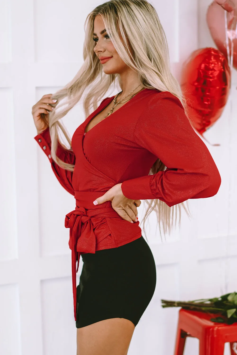 Fiery Red Glitter Wrap V Neck Tie Hem Puff Sleeve Blouse