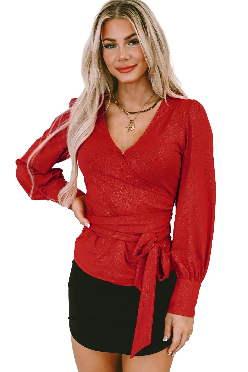Fiery Red Glitter Wrap V Neck Tie Hem Puff Sleeve Blouse