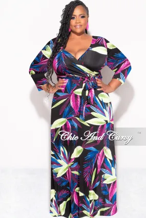 Final Sale Plus Size Deep V Faux Wrap Dress with 3/4 Sleeves in Black Purple Blue Green Floral Print