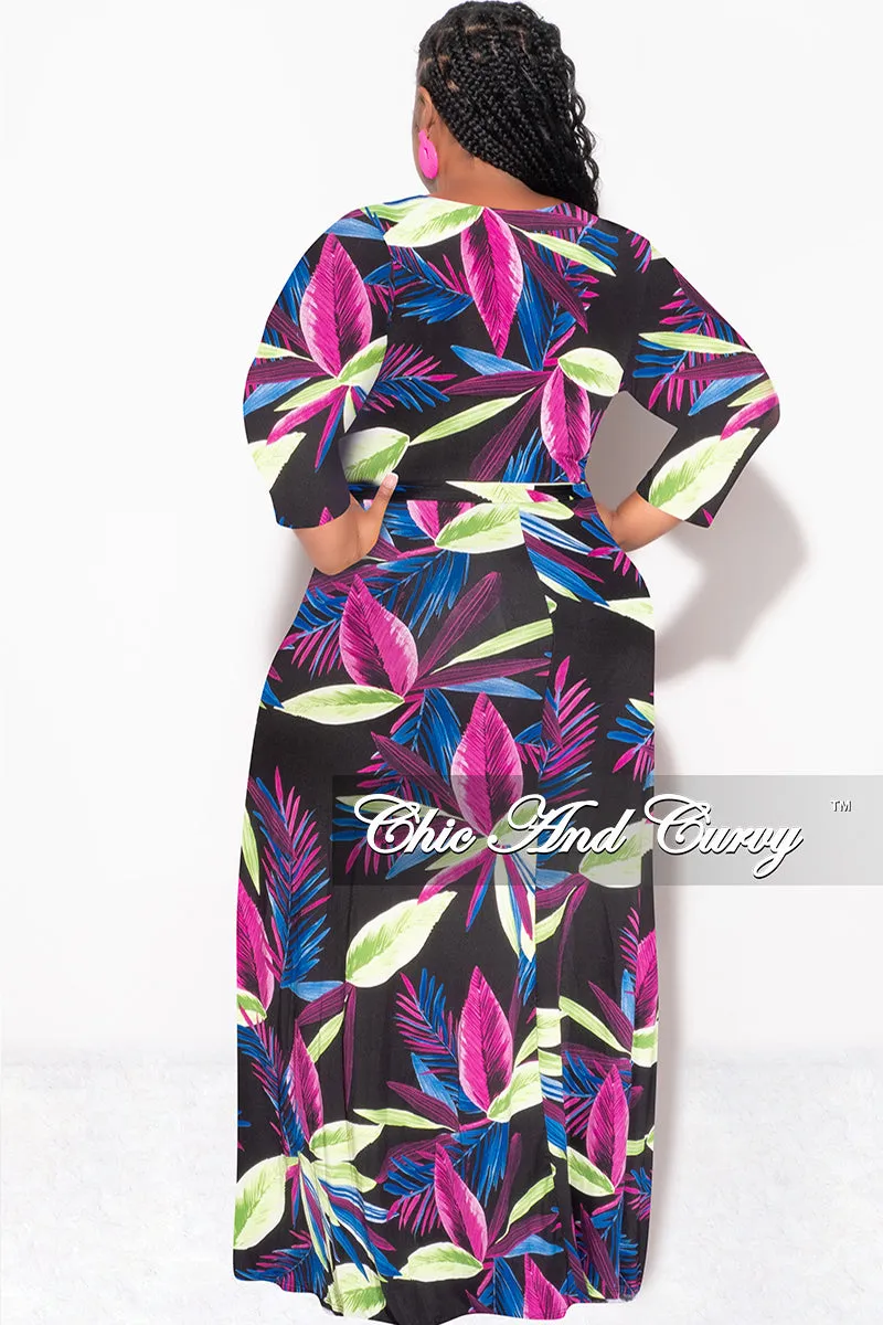 Final Sale Plus Size Deep V Faux Wrap Dress with 3/4 Sleeves in Black Purple Blue Green Floral Print