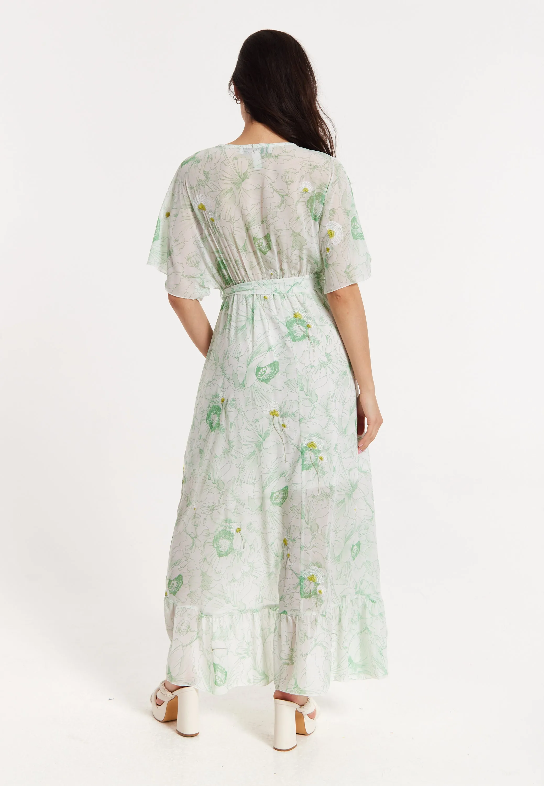 Floral Embroidered Wrap Front Maxi Dress
