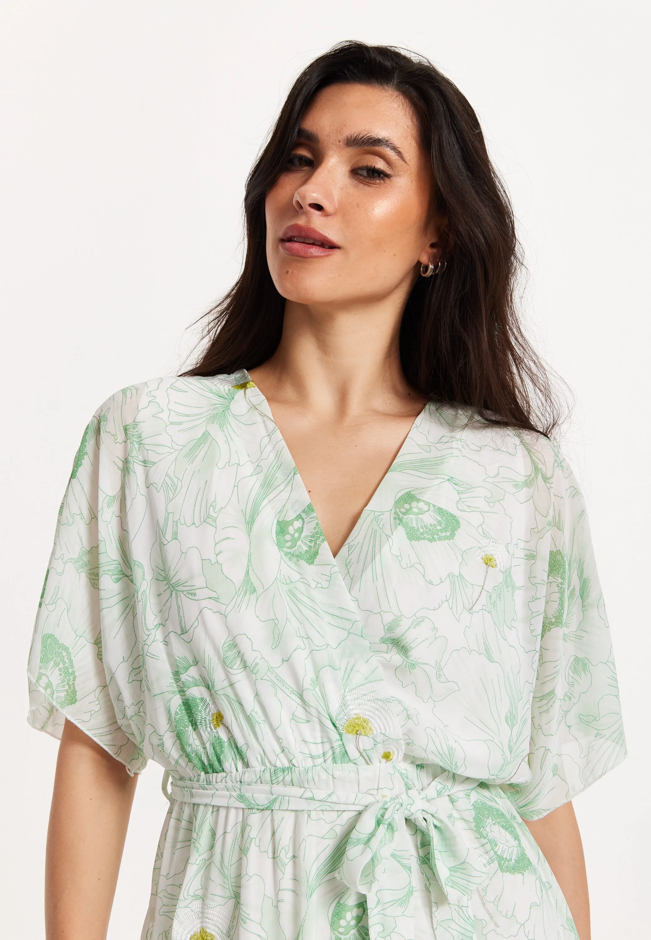 Floral Embroidered Wrap Front Maxi Dress