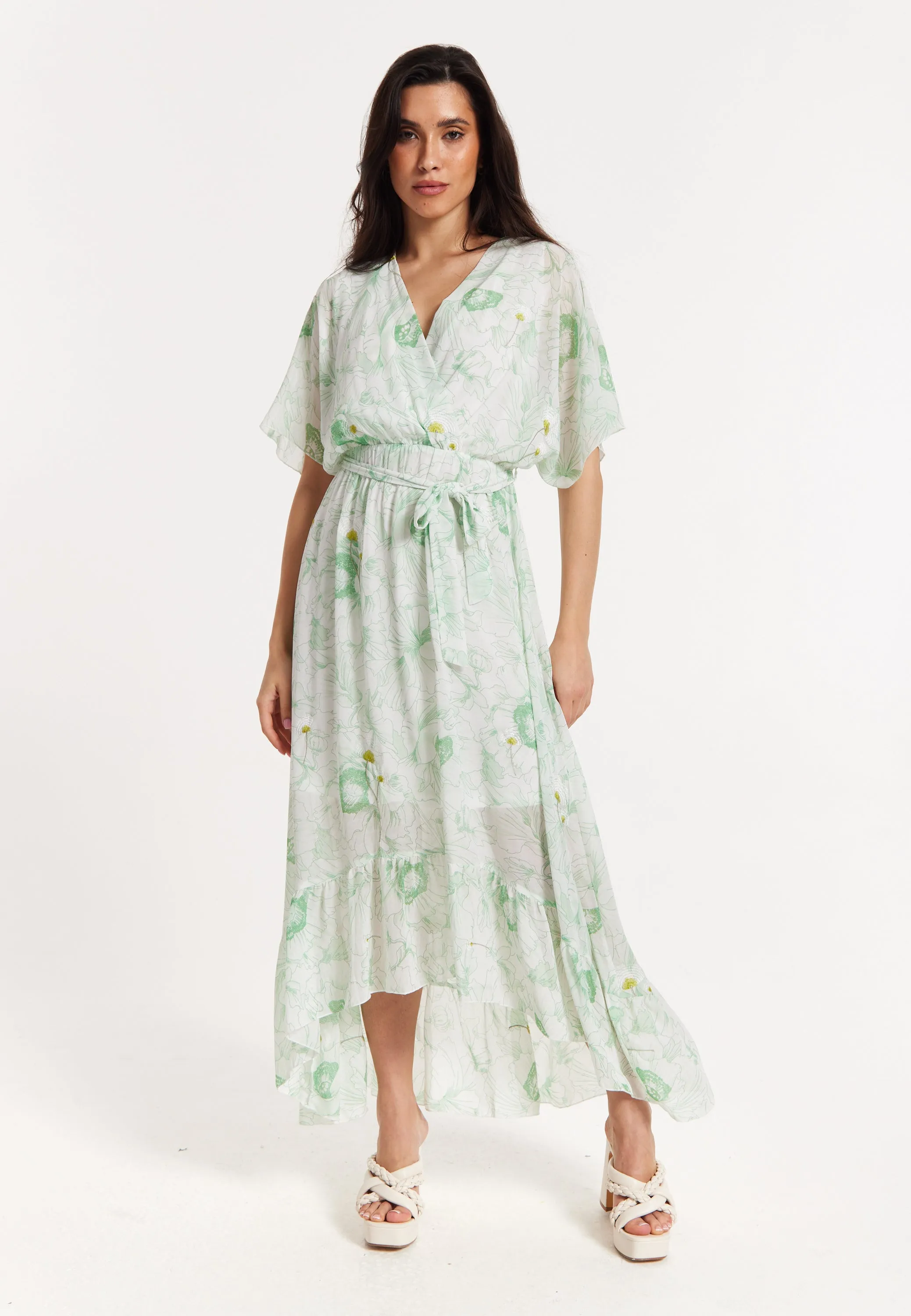 Floral Embroidered Wrap Front Maxi Dress
