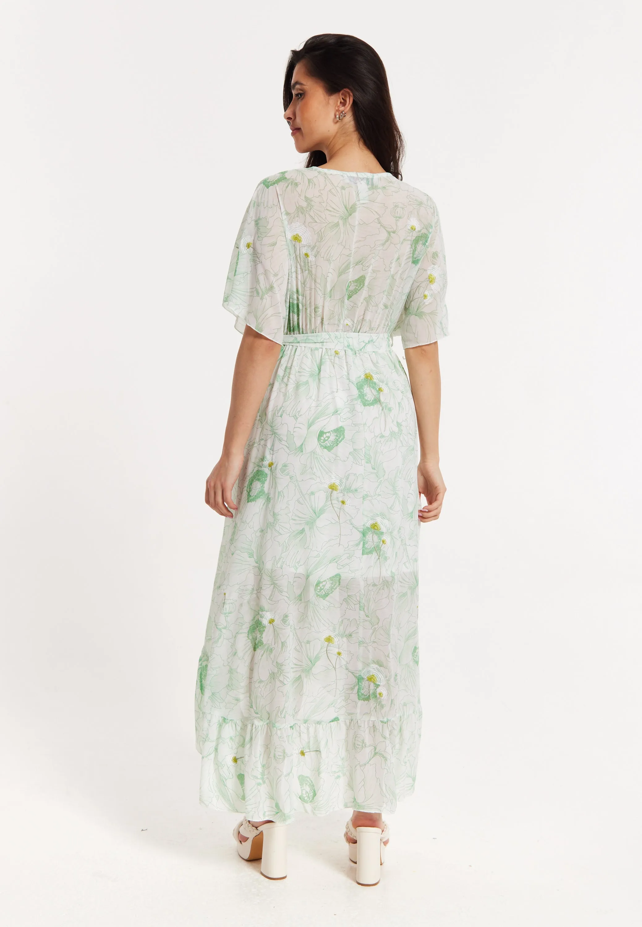 Floral Embroidered Wrap Front Maxi Dress