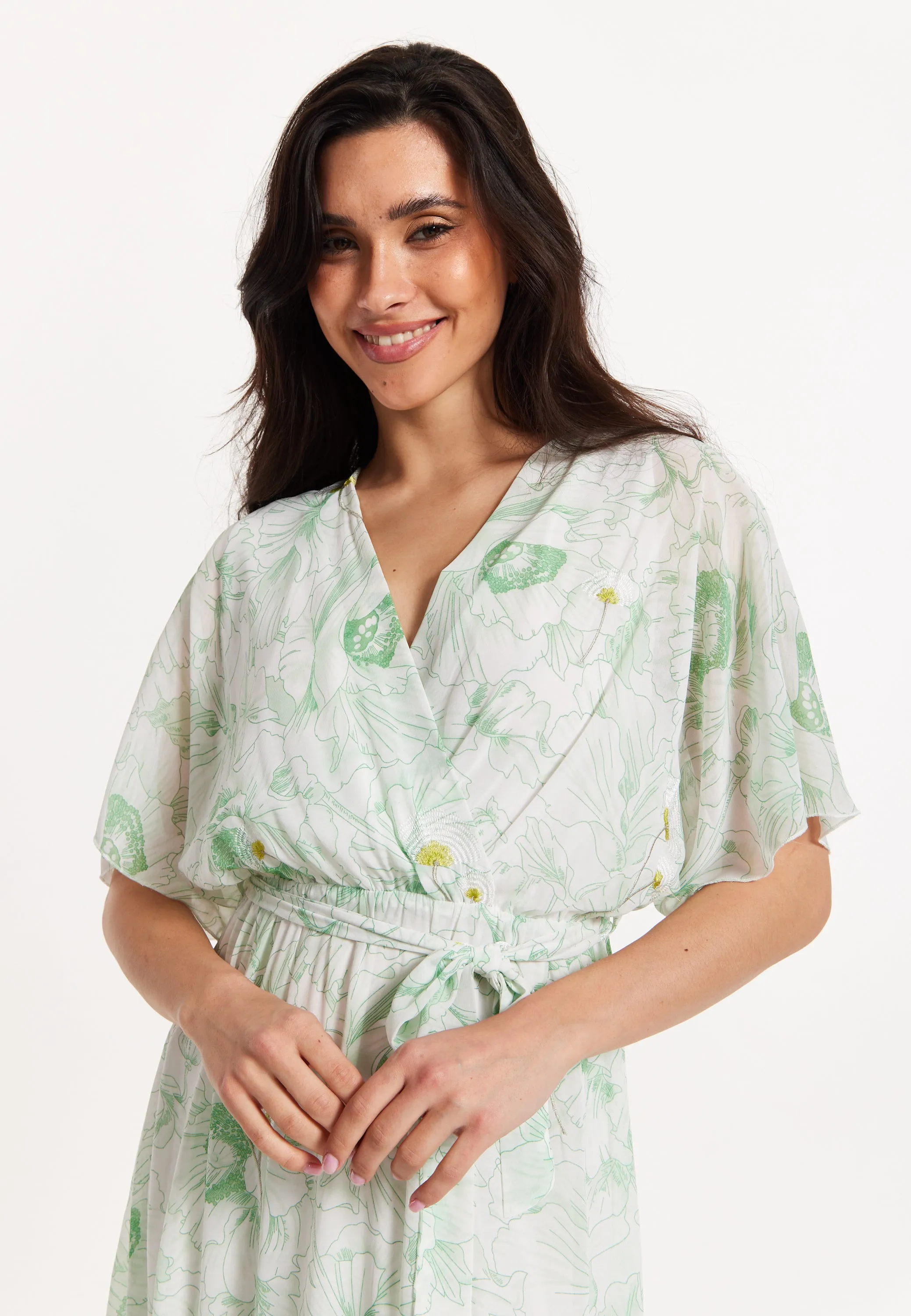 Floral Embroidered Wrap Front Maxi Dress