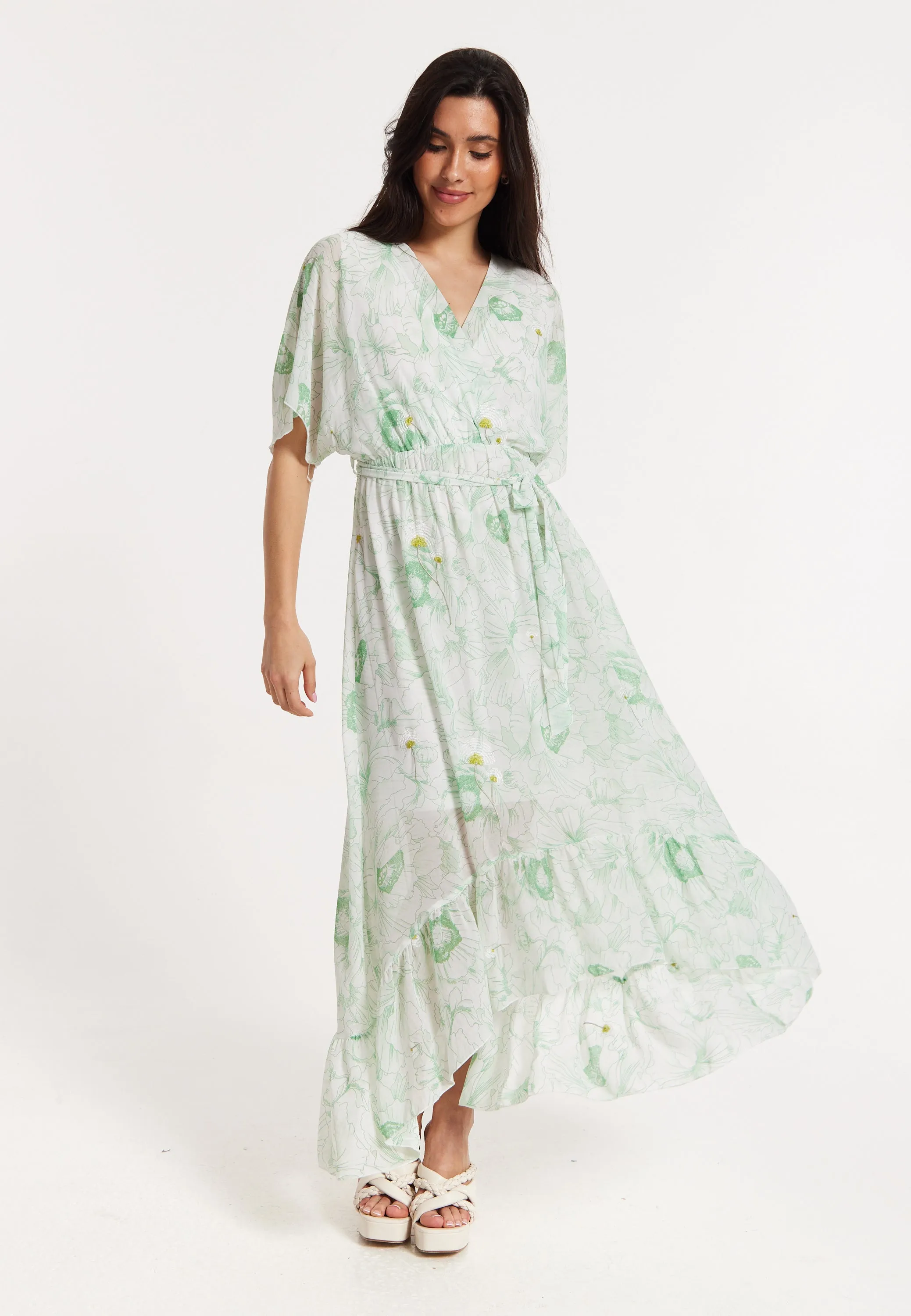 Floral Embroidered Wrap Front Maxi Dress