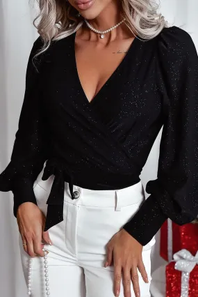 Glitter Wrap V Neck Tie Hem Puff Sleeve Blouse