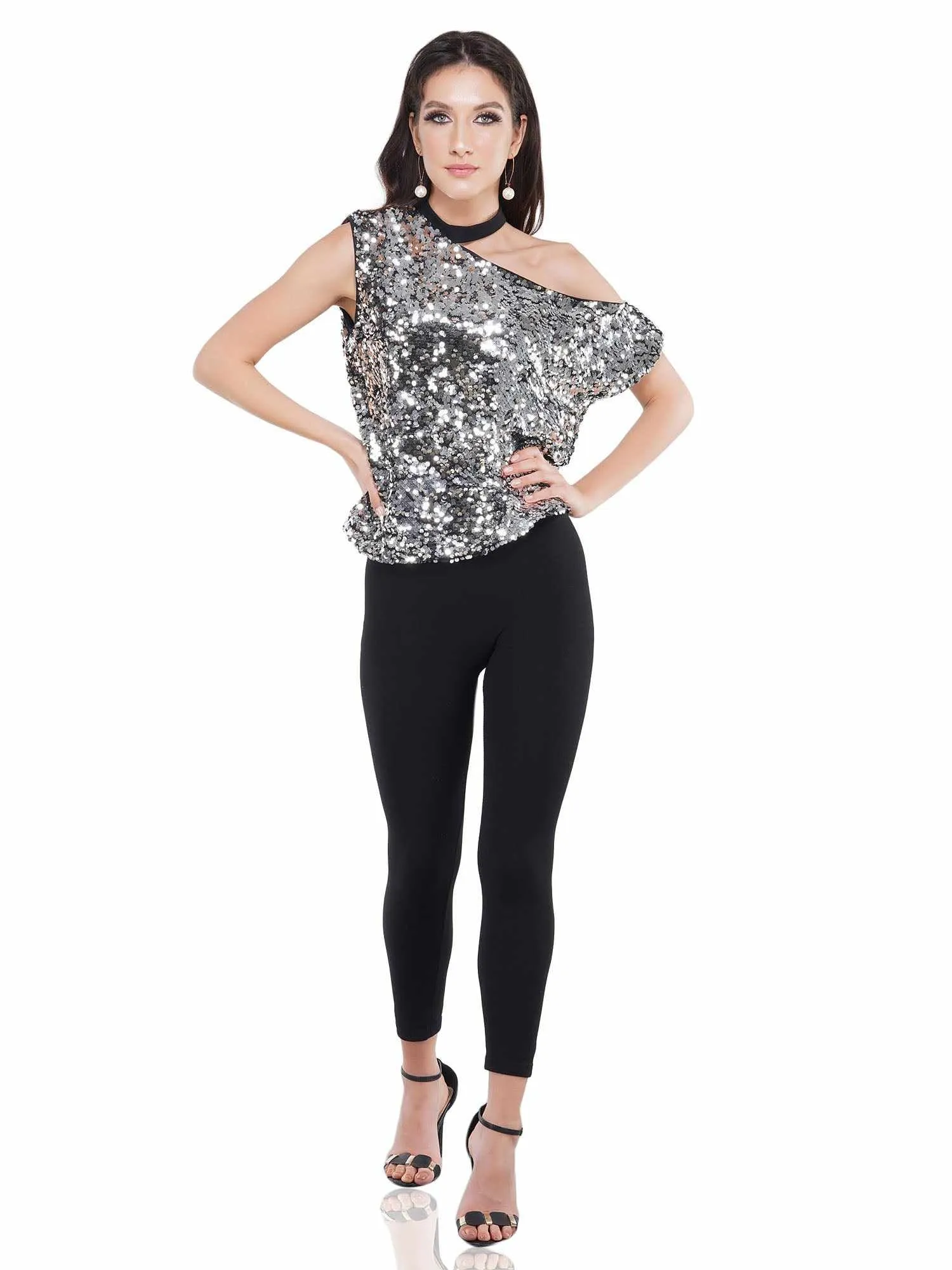 Glittering Cutout Sequined Tulle Top